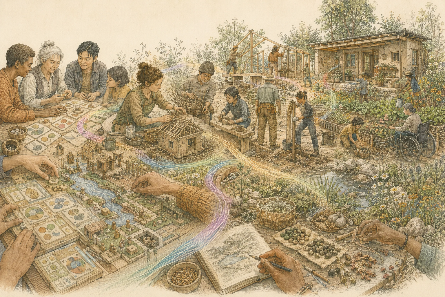 Hand-drawn scene moving from a cooperative tabletop game and small home-and-garden diorama toward shared craft, full-scale building, and ecological landscape stewardship